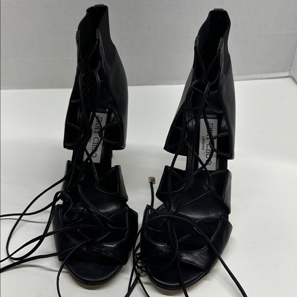 Jimmy Choo Heels Caged Lace Up Open Toe High Heeled Shoes Leather Black 37.5 - Picture 4 of 11